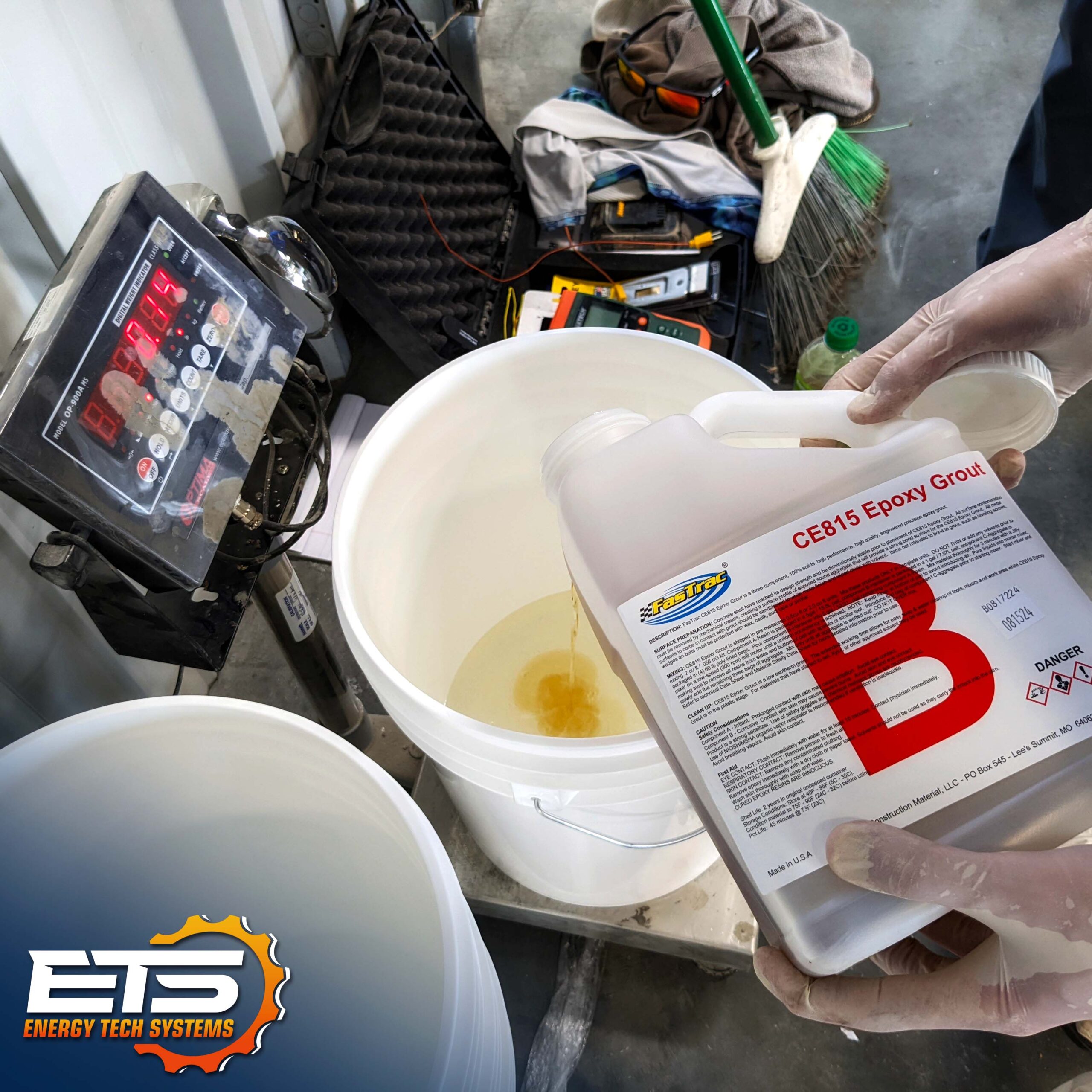 FasTrac CE815 Epoxy Grout Being Mixed for Flowbox Testing. FasTrac CE815 Epoxy Grout being mixed according to manufacturer instructions.