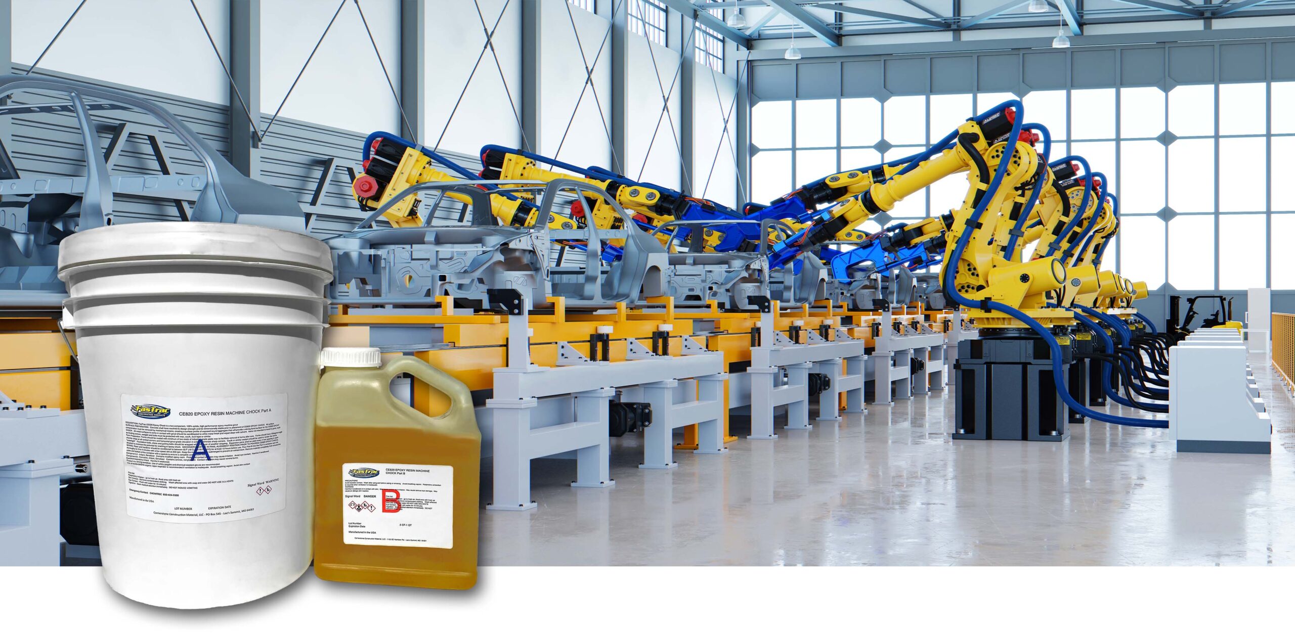 FasTrac CE820 Gray Epoxy Chock Applicaiton with Product Packaging in Foreground FasTrac CE820 Gray Epoxy Chock Applicaiton with Product Packaging in Foreground