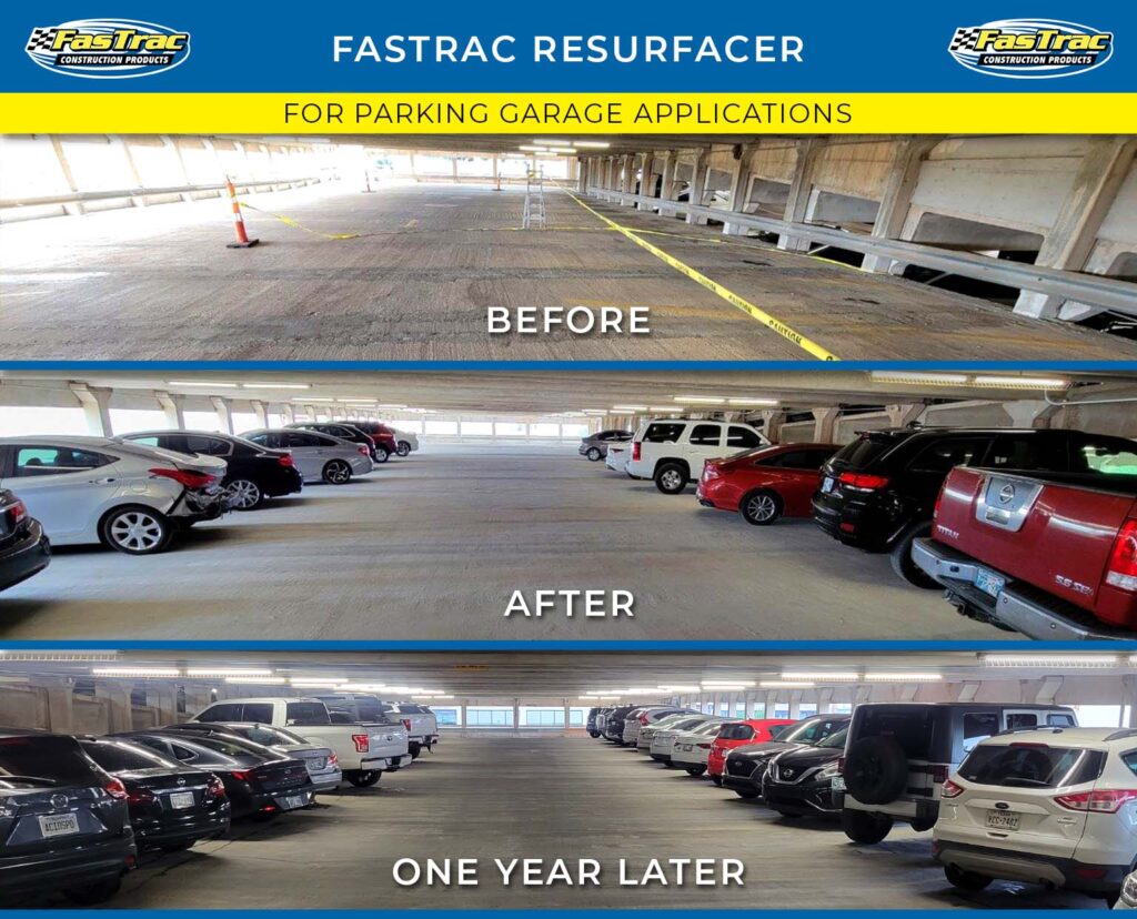 resurface-before-after-1yr split for flyer FasTrac concrete resurfacer before and after image of a parking garage